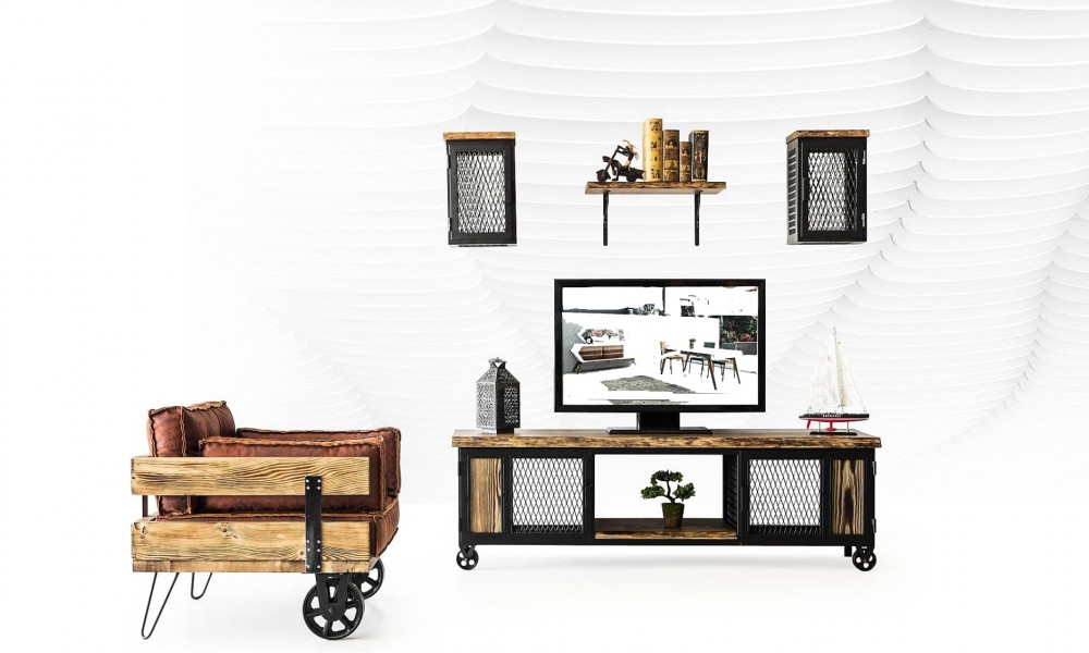 Loft Vintage Tv ÜnitesiAhşap TV Ünitesi